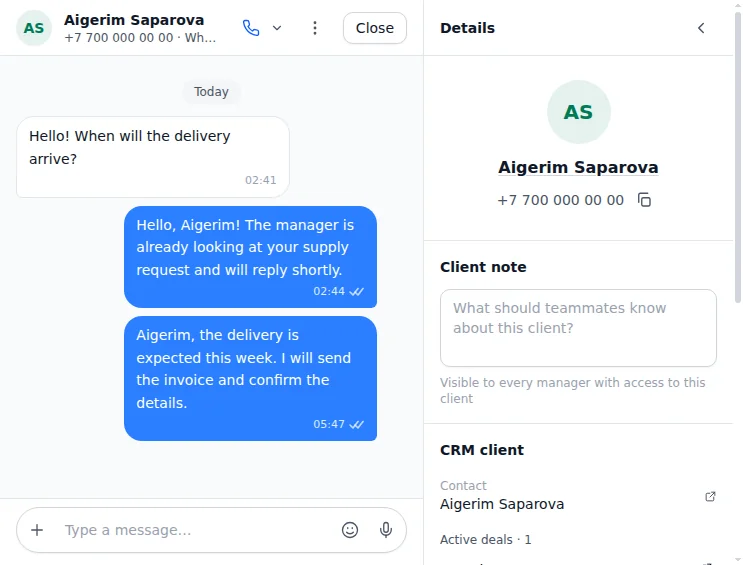 The responsible opened the client’s chat in Dialogs
