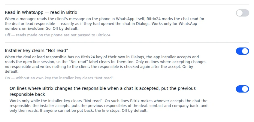 Three switches on the Bitrix24 card. In the screenshot the second and third are on